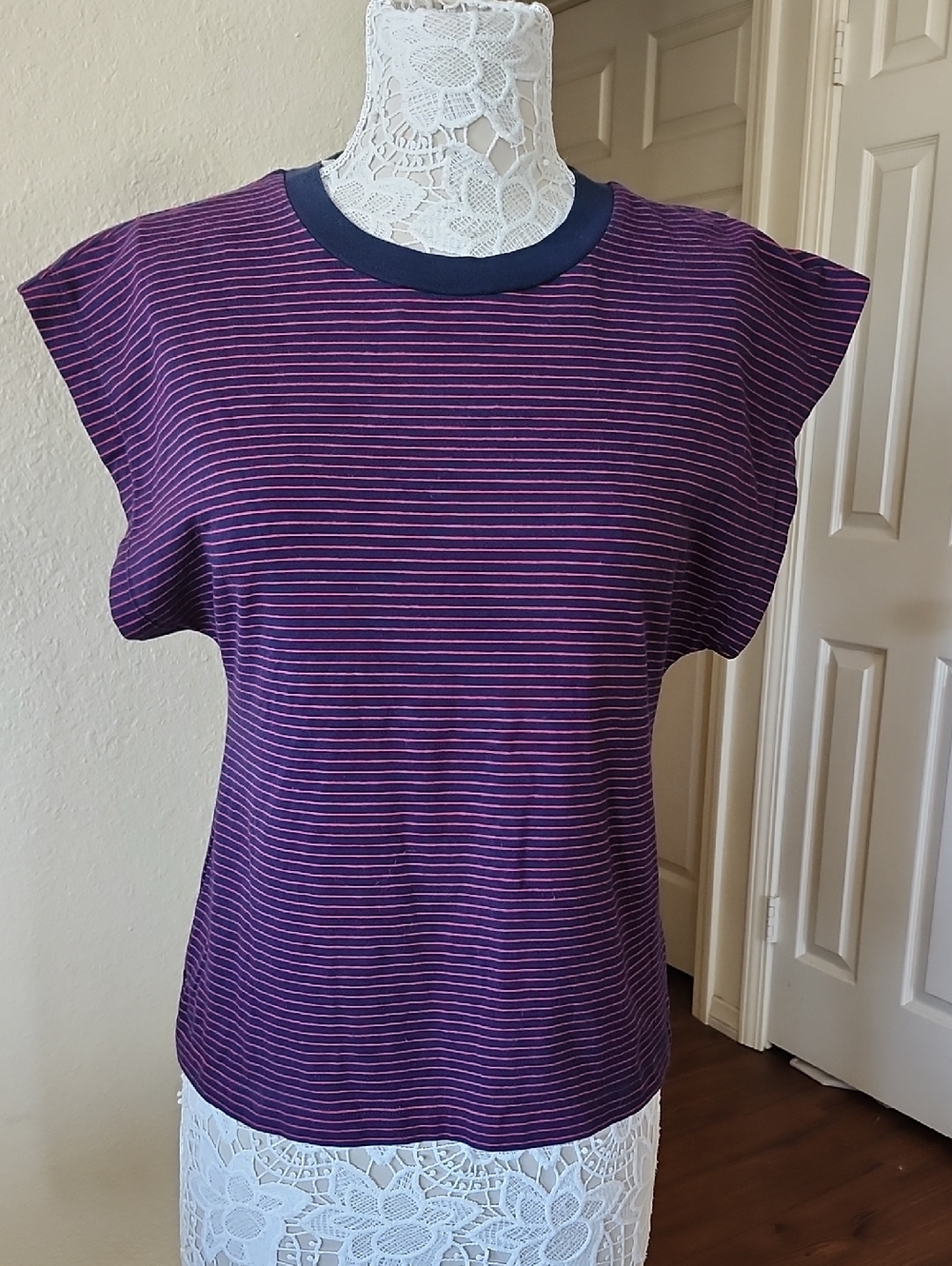 Pistola Marina Purple Stripe Stretch Cap-Sleeve Muscle Tee Top Size M New - Picture 3 of 9
